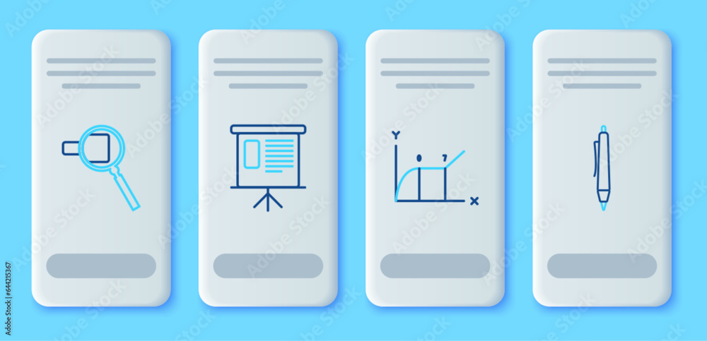 Set line Presentation financial board with graph, schedule, chart, diagram, infographic, pie graph, Pie, Magnifying glass and Pen icon. Vector