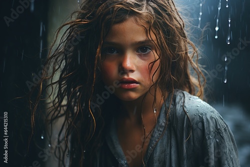 Portrait of a girl in a raincoat in heavy rain.
