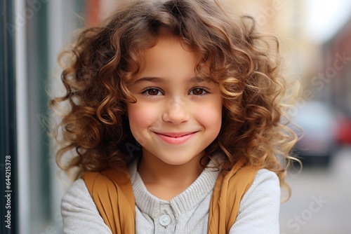 Portrait of a happy seven year old girl with curly hair outdoors in the street.