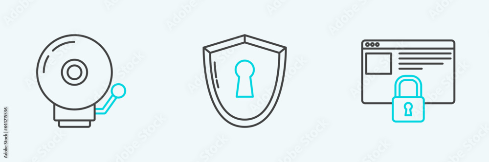 Set line Secure your site with HTTPS, SSL, Ringing alarm bell and Shield keyhole icon. Vector Set line Secure your site with HTTPS, SSL, Ringing alarm bell and Shield keyhole icon. Vector