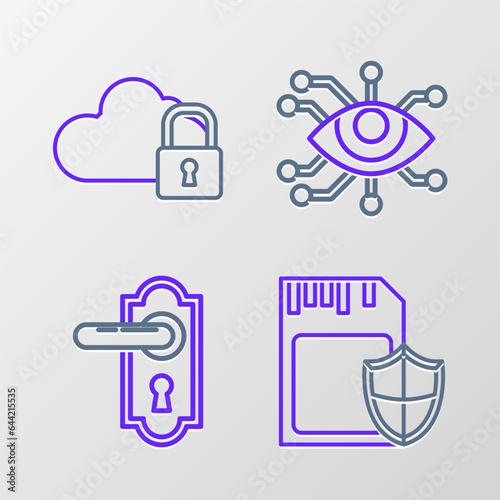 Set line SD card and shield, Door handle, Eye scan and Cloud computing lock icon. Vector