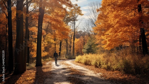 a man walking amidst a serene forest, with the ground blanketed in fallen leaves of vibrant autumn colors. The scene exudes the tranquility of a solitary autumn stroll.