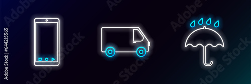 Set line Umbrella and rain drops, Mobile phone with app delivery tracking and Delivery cargo truck vehicle icon. Glowing neon. Vector