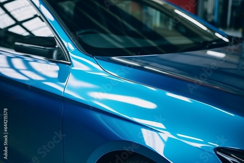 Metallic blue vinyl film shields car during transport. Ideal for auto service ad. Free space for text. Generative AI © Christopher