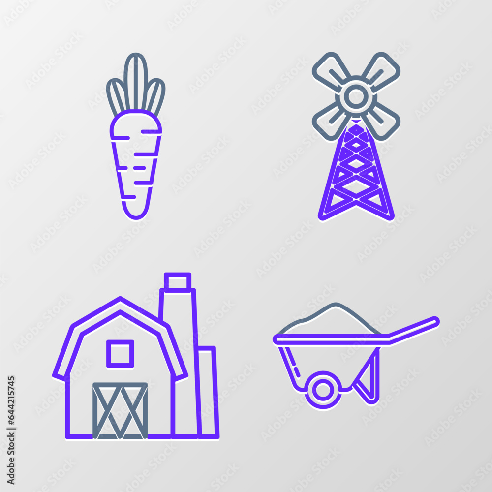 Set line Wheelbarrow with dirt, Farm House concept, Windmill and Carrot icon. Vector