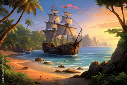 An exotic pirate ship docks at a tropical beach for more pirates. Illustration: storybook-like, artwork. Generative AI