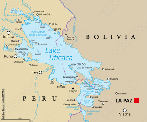 Lake Titicaca, political map. Large freshwater lake in the Andes mountains on the border of Bolivia and Peru. Often called the highest navigable lake in the World, and largest lake in South America. photo