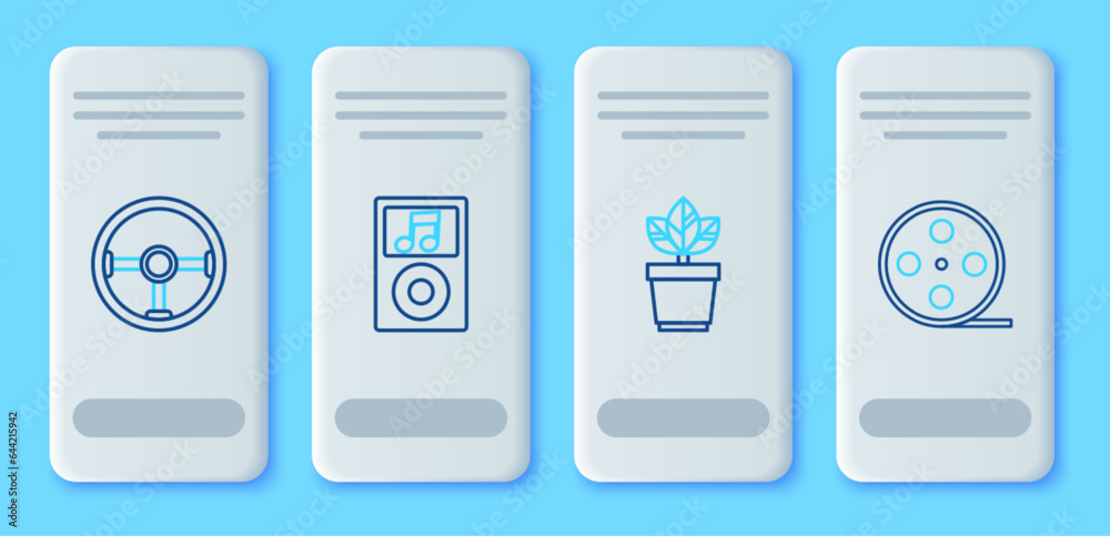 Set line Music player, Flowers in pot, Steering wheel and Film reel icon. Vector