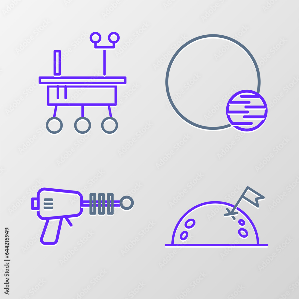 Fototapeta premium Set line Planet with flag, Ray gun, and Mars rover icon. Vector