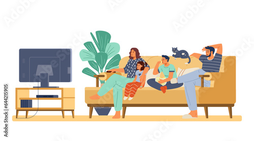 Family with two kids and a cat watching TV together sitting on the couch flat vector illustration.