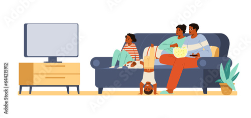 African American family with two kids and a dog watching TV together sitting on the couch flat vector illustration.