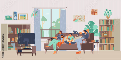 Family with two kids and a cat watching TV together at home. Parents with kids sitting on the couch in the living room flat vector illustration.