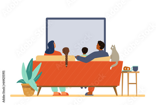 Multiracial family with two kids and a cat watching TV together sitting on the couch flat vector illustration. View from the back.