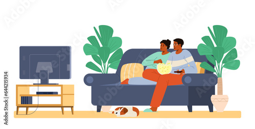 African American couple in love with a dog watching TV and eating pop-corn together sitting on the couch at home flat vector illustration.