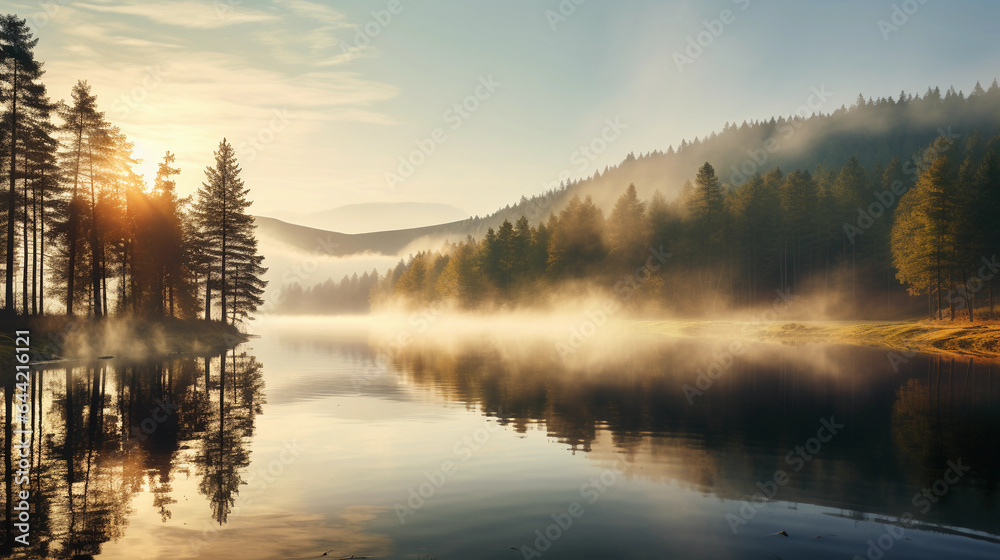 Hidden lake in an autumn setting, fall foliage reflecting on the mirror - like water, crisp afternoon light Hidden lake in an autumn setting, fall foliage reflecting on the mirror - like water, crisp afternoon light