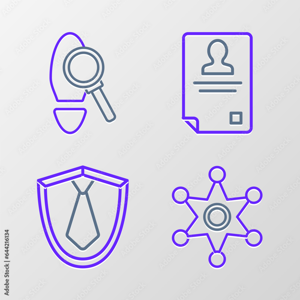 Set line Hexagram sheriff, Tie, Identification badge and Magnifying glass with footsteps icon. Vector Set line Hexagram sheriff, Tie, Identification badge and Magnifying glass with footsteps icon. Vector