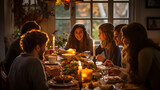 A heartwarming Thanksgiving dinner scene in a cozy country cottage