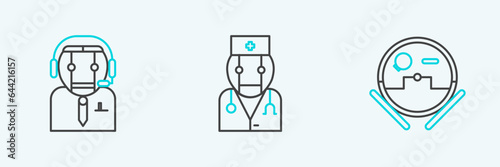 Set line Robot vacuum cleaner, Worker robot and doctor icon. Vector