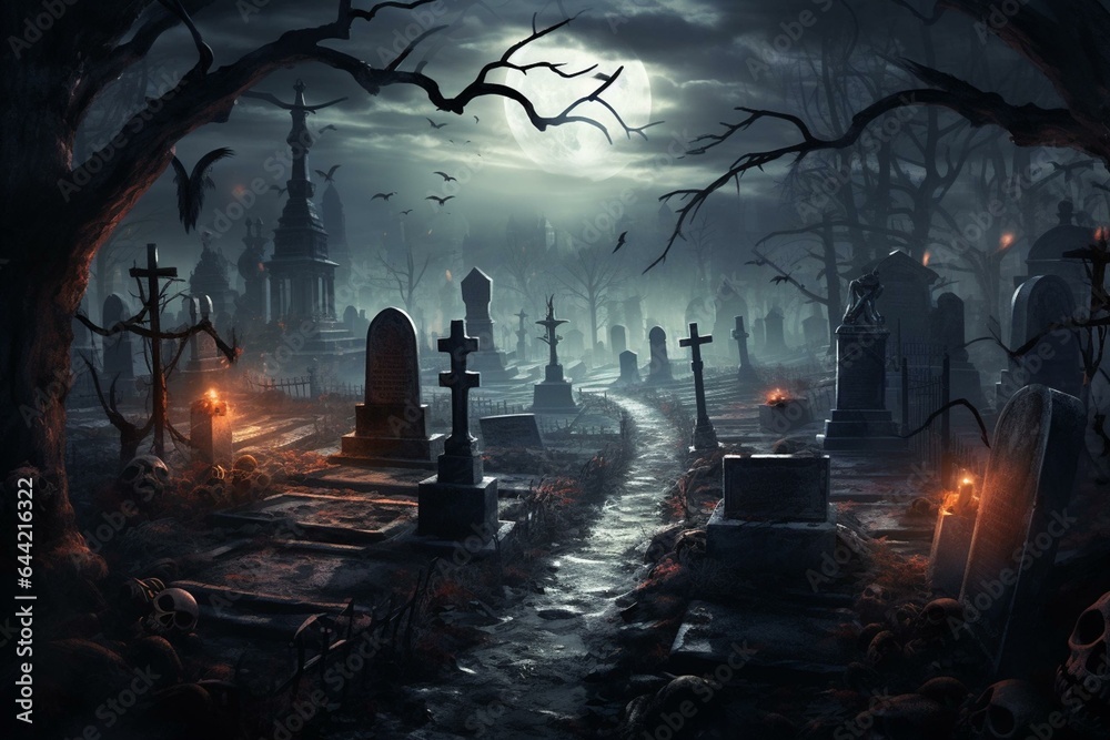 Haunted graveyard with tombstones and creepy trees to set the Halloween atmosphere. Generative AI