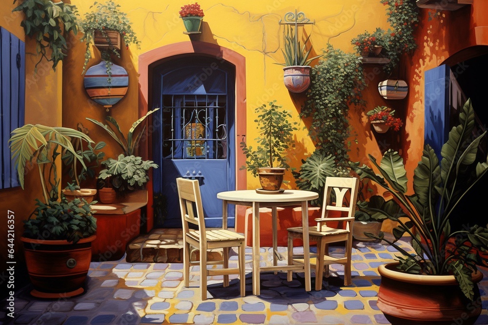 An image of a painted courtyard with a table, chairs, planters, and a doorway. Generative AI