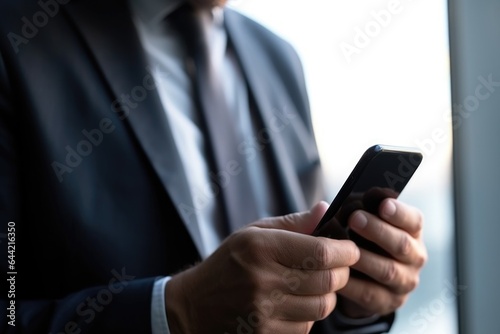 closeup shot of an unrecognisable businessman using a cellphone in an office photo