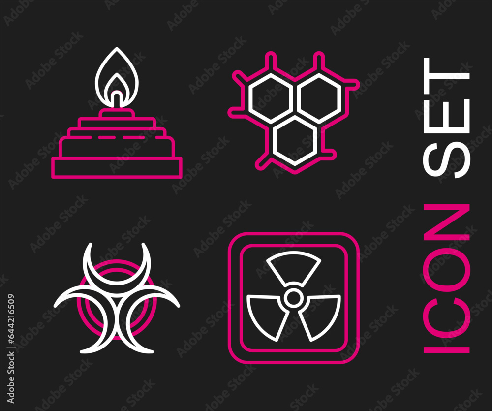 Set line Radioactive, Biohazard symbol, Chemical formula and Alcohol spirit burner icon. Vector Set line Radioactive, Biohazard symbol, Chemical formula and Alcohol spirit burner icon. Vector