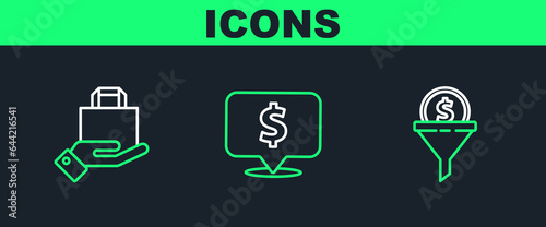 Set line Lead management, Hand and paper shopping bag and Speech bubble with dollar icon. Vector