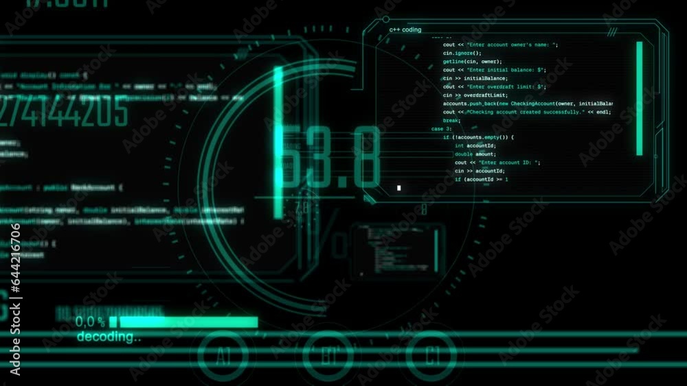 digital modern animation with programming coding software language in computer windows with data infographic on black background