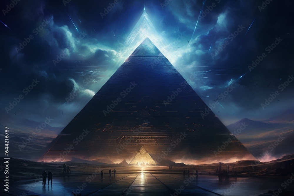 An enchanting depiction of an Egyptian pyramid immersed in mystical illumination and engulfed in ethereal mist and lightning. Generative AI