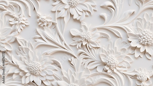 a stucco floral pattern on a wall within an elegantly decorated room. The image highlights the pattern's role in enhancing interior aesthetics. SEAMLESS PATTERN. SEAMLESS WALLPAPER.