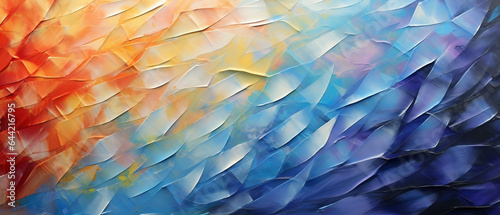 Kolorowa tęczowa mozaika - olej na płótnie. Różne kształty  nakładane szpachlą tworzą wzorek, strukturę.  © yeseyes9