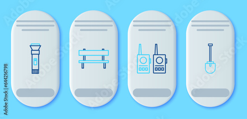 Set line Bench, Walkie talkie, Flashlight and Shovel icon. Vector