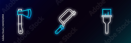 Set line Paint brush, Wooden axe and Hacksaw icon. Glowing neon. Vector