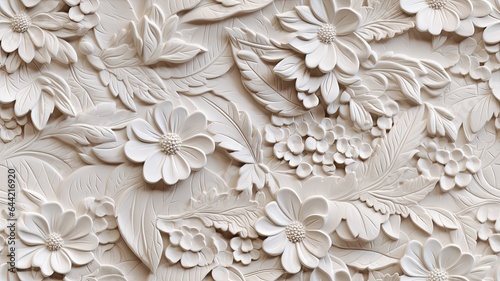 a stucco floral pattern on a wall within an elegantly decorated room. The image highlights the pattern's role in enhancing interior aesthetics. SEAMLESS PATTERN. SEAMLESS WALLPAPER.