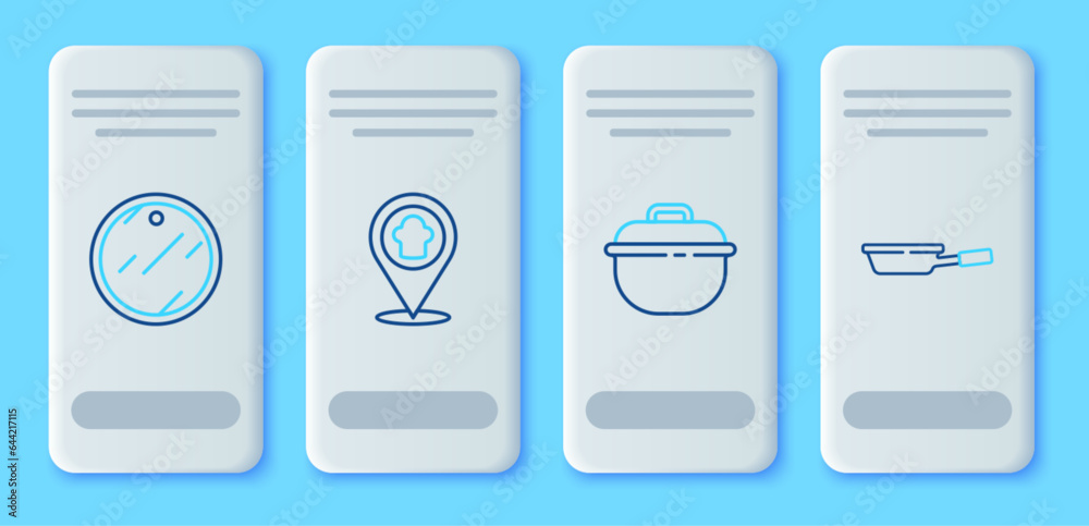 Set line Chef hat with location, Cooking pot, Cutting board and Frying pan icon. Vector