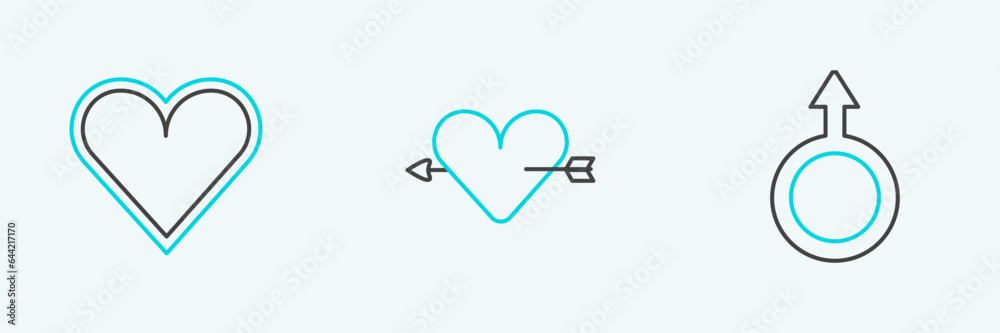 Set line Male gender symbol, Heart and Amour with heart and arrow icon. Vector Set line Male gender symbol, Heart and Amour with heart and arrow icon. Vector