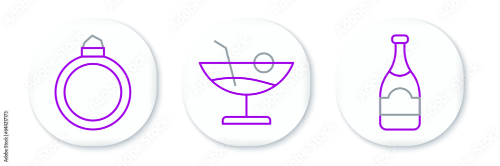 Set line Champagne bottle, Diamond engagement ring and Cocktail icon. Vector Set line Champagne bottle, Diamond engagement ring and Cocktail icon. Vector