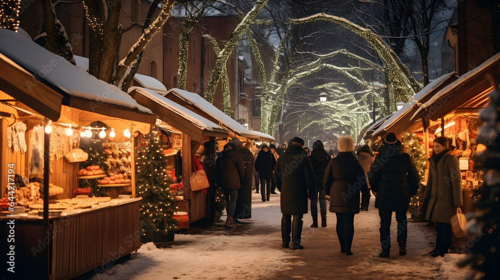 A magical Christmas market in a historic town square, Christmas street at night