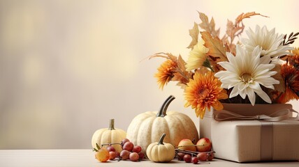 a Thanksgiving-themed background in soft, light colors, adorned with elements like pumpkins, autumn leaves, and candles. The scene conveys the peaceful ambiance of a holiday gathering.