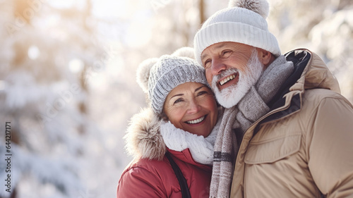 Senior couple smiling and enjoying life outdoors in snowy winter forest. Blurry background.