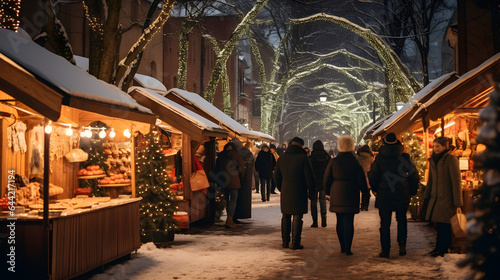 A magical Christmas market in a historic town square, Christmas street at night