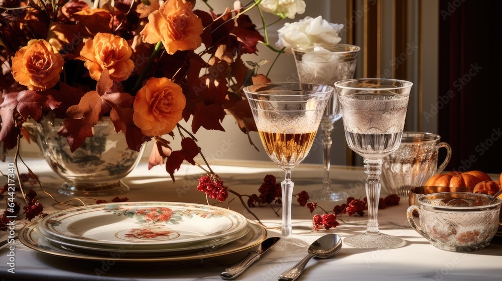 a Thanksgiving-themed background in soft, light colors, adorned with elements like pumpkins, autumn leaves, and candles. The scene conveys the peaceful ambiance of a holiday gathering.