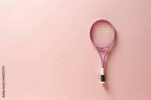 An abstract minimal 3D concept featuring a pink tennis racket and ball pinned on a beige wall. Generative AI © Theron