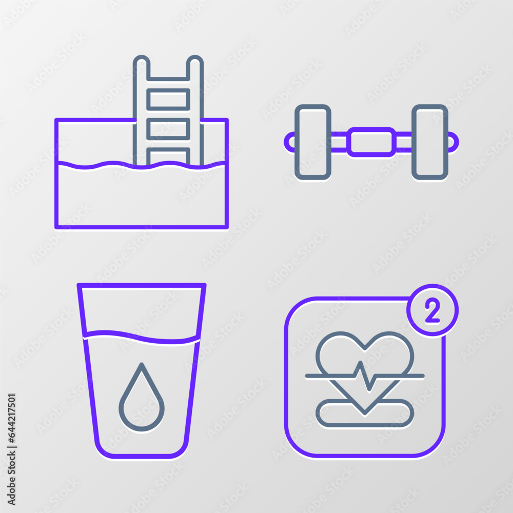 Set line Mobile with heart rate, Glass water, Dumbbell and Swimming pool ladder icon. Vector Set line Mobile with heart rate, Glass water, Dumbbell and Swimming pool ladder icon. Vector