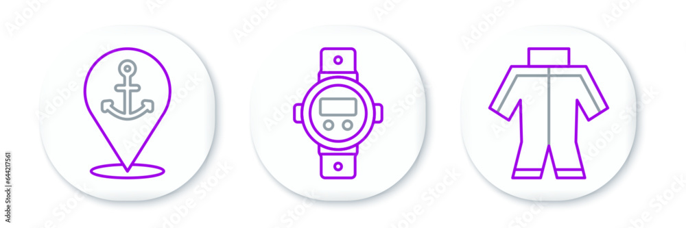 Set line Wetsuit, Location with anchor and Diving watch icon. Vector Set line Wetsuit, Location with anchor and Diving watch icon. Vector