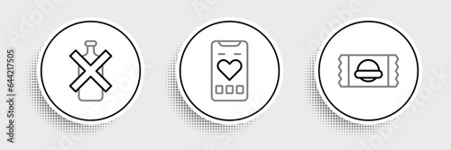 Set line Sports nutrition, No alcohol and Mobile with heart rate icon. Vector