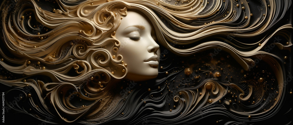 Fototapeta premium Abstrakcyjny obraz kobiety o blond włosach malowany piaskiem na czarnym tle. Sztuka 3d