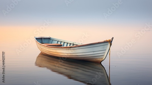 A lone small wooden rowing boat is moored in calm water. The illustration creates a serene mood. Nature background. Design for banner  flyer  poster  cover or brochure.
