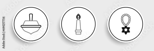 Set line Star of David necklace on chain, Hanukkah dreidel and Burning candle icon. Vector