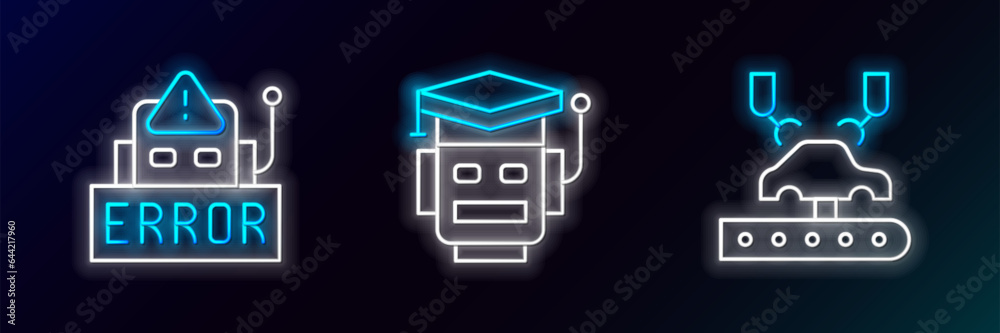 Set line Robotic robot arm on factory, Error in and icon. Glowing neon. Vector Set line Robotic robot arm on factory, Error in and icon. Glowing neon. Vector